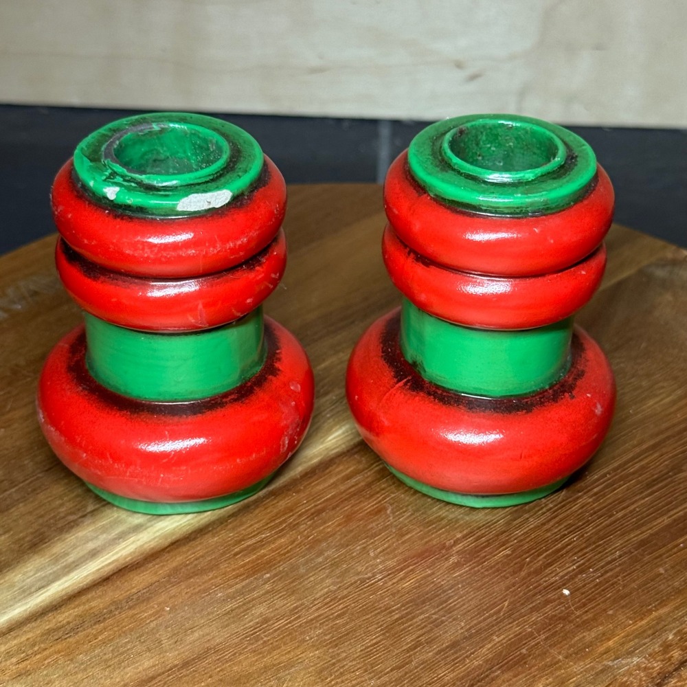Vintage Fitz and Floyd Red Green Wooden Candle Holders Set of 2 Made in Japan